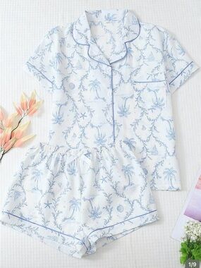 SHEIN White and Light Blue Short Pajama Set with Botanical Print